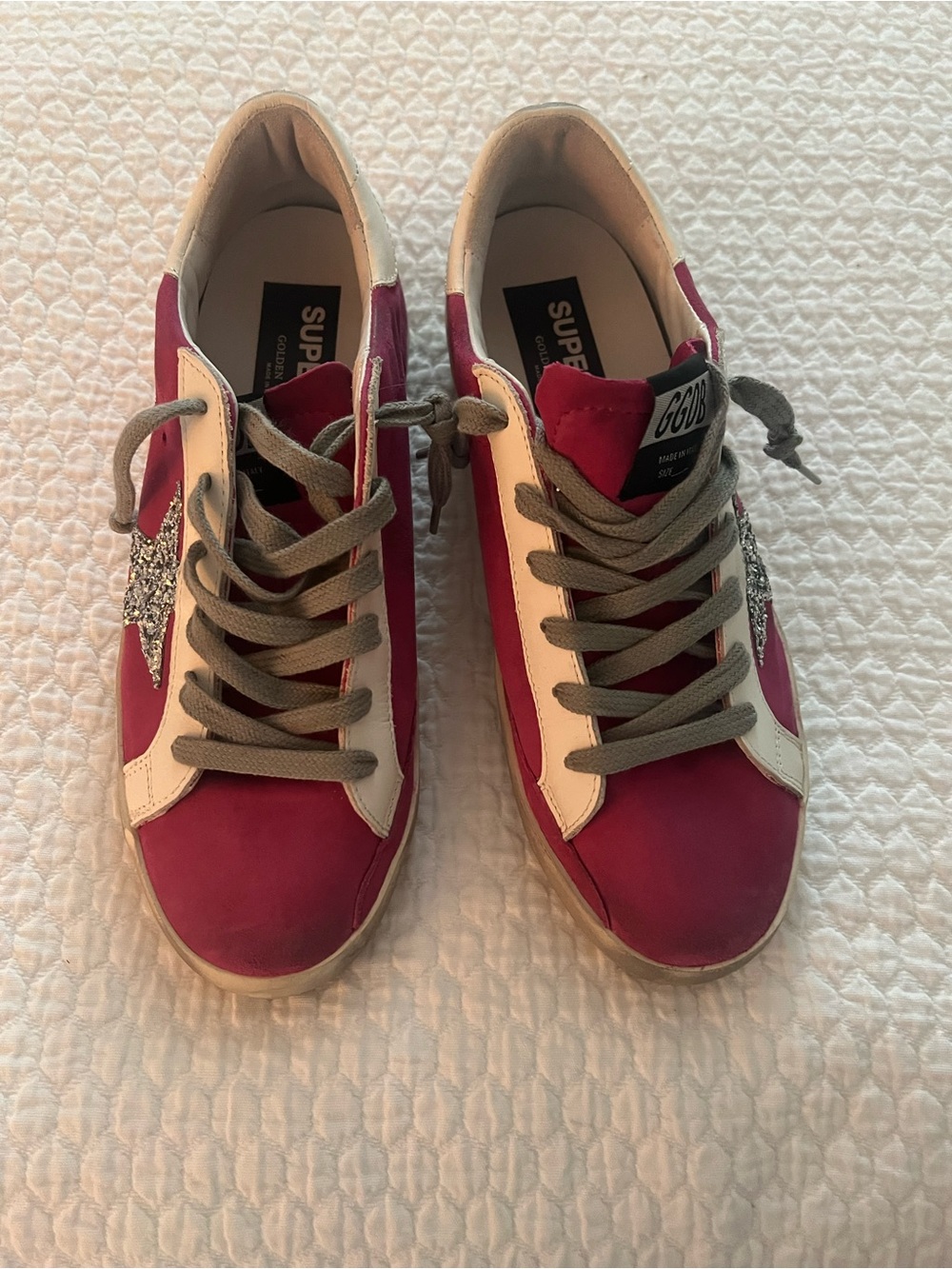 Golden Goose Pink and White Low-Top Sneakers with Glitter Star